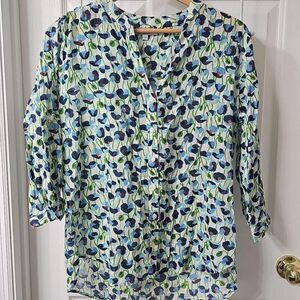 N° 55 Biarritz Blue Floral Poppy Print Button Down Blouse Large